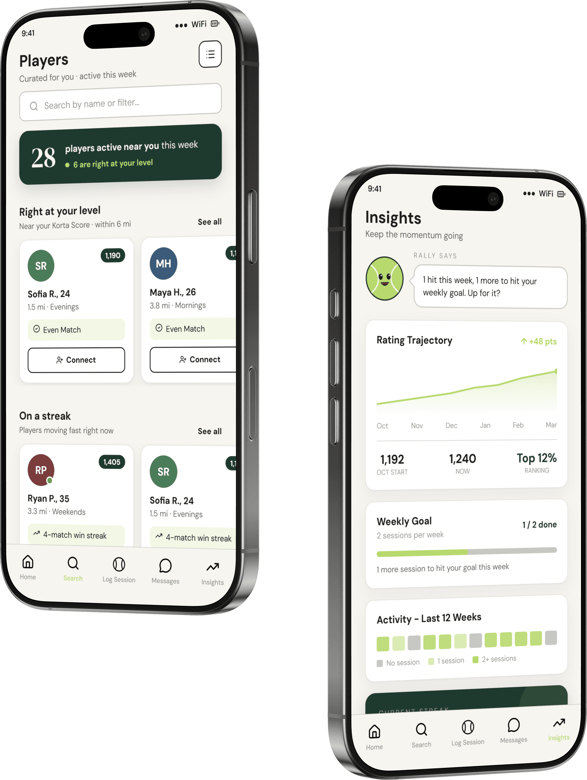 The Korta app: nearby players matched to your level, and a rating-insights dashboard