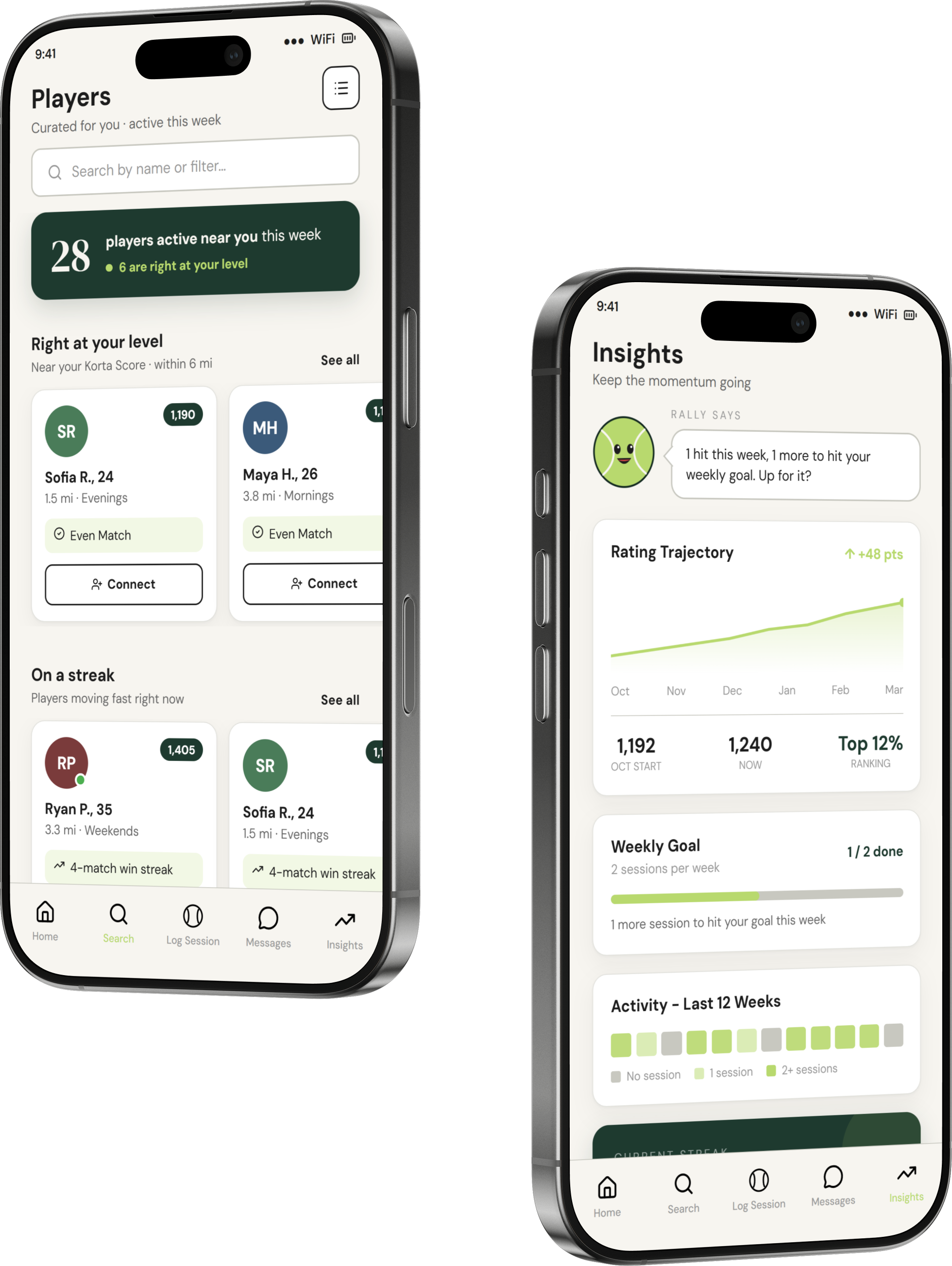 The Korta app: nearby players matched to your level, and a rating-insights dashboard